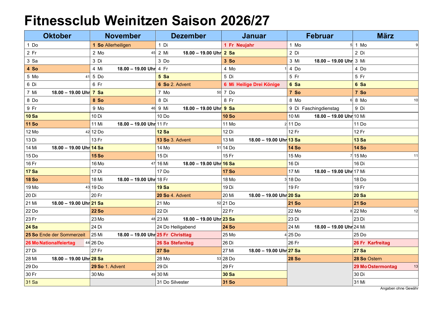 Trainingsplan Saison 2026/2027